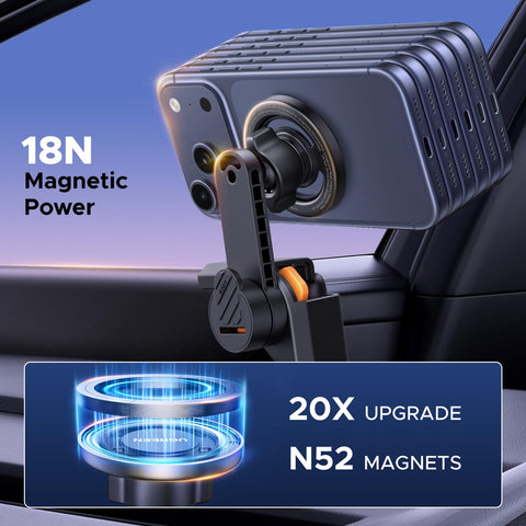 Tesla Model 3 And Y MagSafe Car Mount With Ultra Strong Magnetic Hold For iPhone 17 16 15 14 13 Pro Max Compatible Center Console Phone Holder shown in a Tesla with N52 magnets illustration.