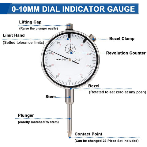 Rpeconu dial indicator with magnetic base; 0-1 in range, 0.001 in resolution, long-arm