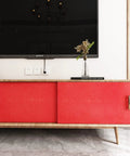 Red Glossy Peel And Stick Wallpaper Vinyl Wrap With Glitter Finish on cabinet doors, self adhesive, easy to install and remove.