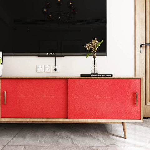 Red Glossy Peel And Stick Wallpaper Vinyl Wrap With Glitter Finish on cabinet doors, self adhesive, easy to install and remove.