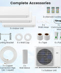 Complete accessories for Top Shelf 36000 BTU Tri Zone Mini Split Air Conditioner, including indoor and outdoor units, mounts, pipes.
