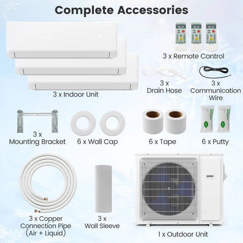 Complete accessories for Top Shelf 36000 BTU Tri Zone Mini Split Air Conditioner, including indoor and outdoor units, mounts, pipes.