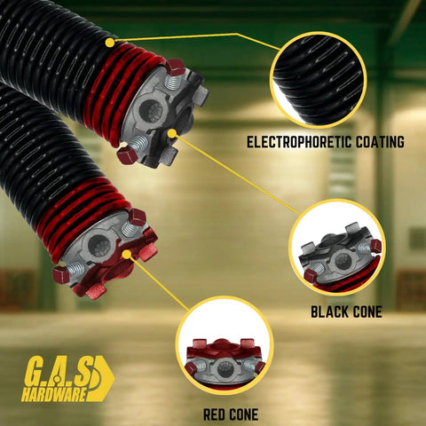 Close-up of Left Hand Wound Garage Door Torsion Spring 225x2x27 Heavy Duty Beefy Replacement For Right Side with black and red cone.