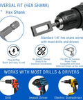 Close-up of 1/4" hex shank fitting for heavy duty drill powered wire twister; compatible with most drills and drivers.