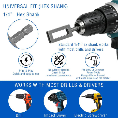 Close-up of 1/4" hex shank fitting for heavy duty drill powered wire twister; compatible with most drills and drivers.