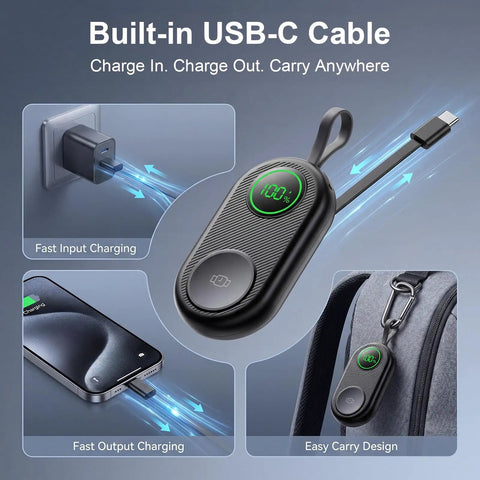 Ultra Compact 2500mAh Magnetic Wireless Charger for Smart Watch with built-in USB-C cable demonstrating fast charging and portability.