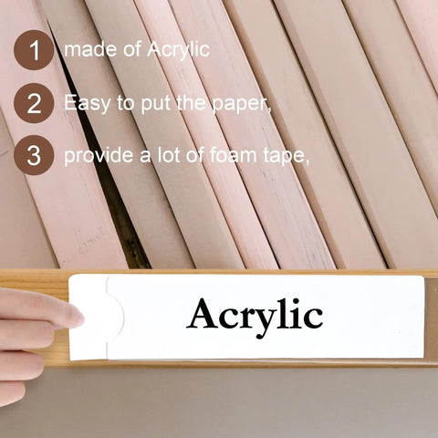 Crystal Clear Acrylic Wall Name Plate Holder 2 x 8 Inch Pack of 20 with easy adhesive tape mount shown in use