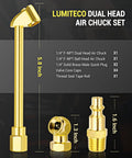Garage Ready Dual Head Air Chuck Set With Closed Flow One Quarter Inch NPT Heavy Duty Tire Inflation Kit Includes Ball Head Chuck Standard Male Quick Plug Teflon Tape And Valve Caps For Fast Leaks Free Air Filling product diagram