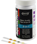 Real Down To Earth Five In One Water Quality Test Strips For Pools And Spas in a bottle with three wet test strips next to it.