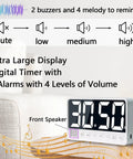 7.1 Inch Digital Kitchen Timer With Extra Large LED Display, Magnetic Back, Rechargeable Countdown And Count Up Timer, Six Alarms, Four Volume Levels, Memory Function, Ideal For Cooking, Classroom, Office Or Gym, Black