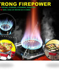 Lightweight Foldable Camping Stove With Piezo Ignition For Hiking And Picnics showing active burner with cooking illustrations
