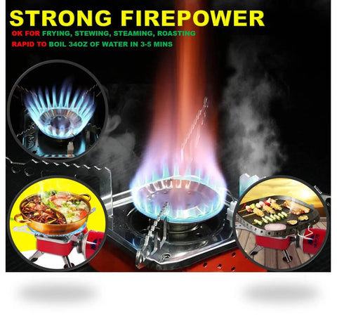 Lightweight Foldable Camping Stove With Piezo Ignition For Hiking And Picnics showing active burner with cooking illustrations