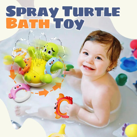 Rechargeable Turtle Bath Toy Sprinkler for Toddlers with Five Rings and Belly Sprayer in bathtub next to smiling toddler.