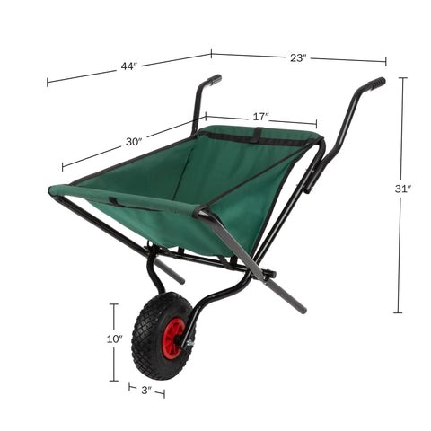 Folding Wheelbarrow With Collapsible Garden Cart For Lawn Care, 80Lb Capacity, shows dimensions and padded handles
