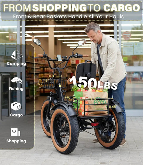Electric Tricycle For Adults With Beast 1350W Motor, 48V 15.6Ah Battery, 20x4 Fat Tire Folding Trike, 3 Wheel Ebike, Up To 20 MPH, Differential Drive, Rugged Brown And Black Finish, loaded with groceries