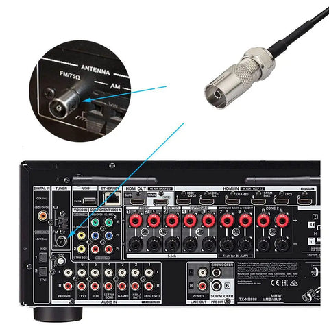 Magnetic Base FM Antenna For Indoor Home Stereo Receivers With Bluetooth That Actually Boosts FM Radio Reception; rear view of AV system connection