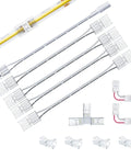 8mm COB LED Strip Connector Kit with transparent gapless connectors, dual end, L and T shaped adapters, 7.9 inch DC plug extensions