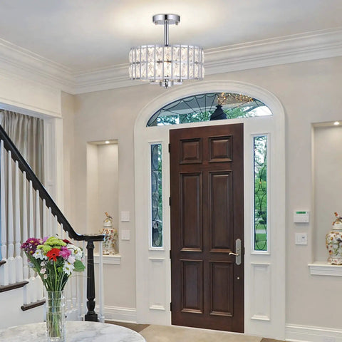 Crystal Semi Flush Mount Chandelier 12.6 Inch Round Drum Ceiling Light 3 Light E12 Fixture Chrome Finish in entryway
