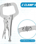 Workhorse 11 Inch Locking C Clamps 4 Pack Heavy Duty Steel With Swivel Jaw Pad One Hand Quick Release Mechanism, 6 inch swivel pad detail.