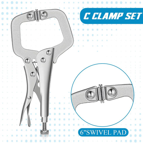 Workhorse 11 Inch Locking C Clamps 4 Pack Heavy Duty Steel With Swivel Jaw Pad One Hand Quick Release Mechanism, 6 inch swivel pad detail.