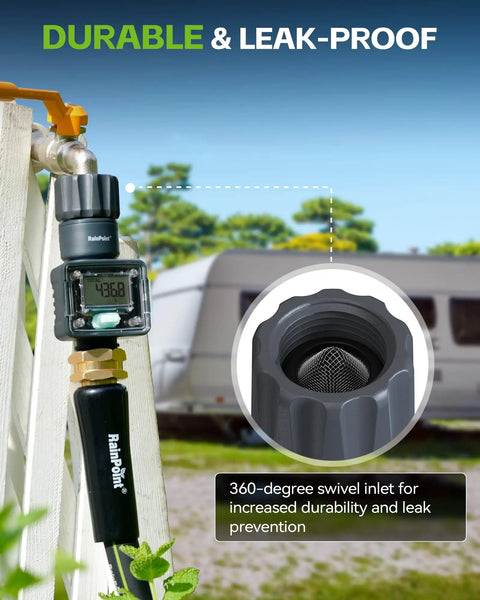 Ultra Accurate Water Flow Meter For RV Garden Hose Pool Lawn Sprinkler And Nozzle Sprayer, side view with 360-degree swivel inlet