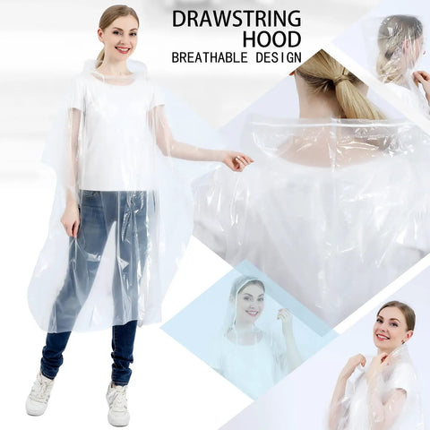 Ultra Thick Disposable Rain Ponchos For Adults With Hood 10 Pack Clear Budget Friendly Outdoor Rain Gear showing clear poncho with drawstring hood