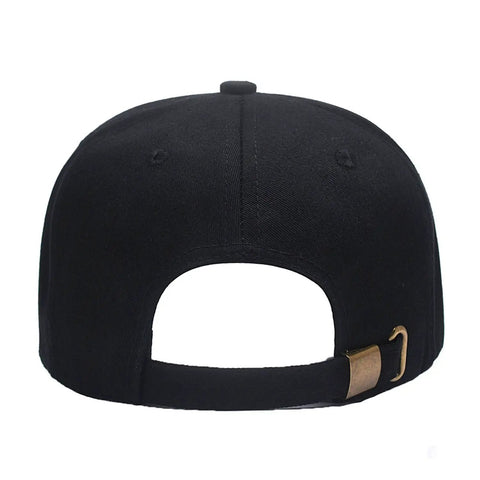 Back view of Customizable Adjustable Baseball Cap For Men And Women With Your Text Logo Or Image, metal buckle closure visible