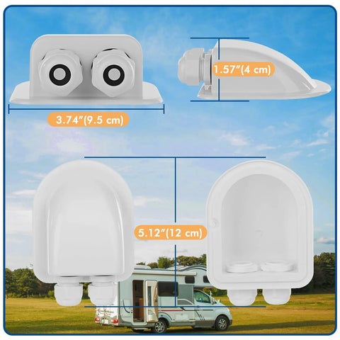 2 Pack IP68 Waterproof Solar Cable Entry Glands - Heavy Duty Weatherproof Dual Cable Entry Housing For Solar Panels On RVs, Campers, Boats, Marine, Caravan, White, shown from multiple angles with measurements.