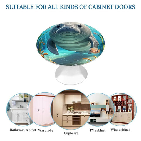Dope Manatee Themed Cabinet Knobs Two Pack Stainless Steel Round Drawer Pulls with manatee design for dressers and doors
