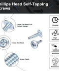 50Pcs No 10 X 3/4 Inch Phillips Head Self-Tapping Screws, Self-Drilling Flat Head Carbon Steel Wood Metal Plastic Fasteners, Blue