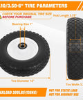 Flat Free 4.10/3.50-6 Replacement 12 Inch Wheel With 1 In. Axle Bore For Wheelbarrows Gorilla Carts Hand Trucks Dimensions