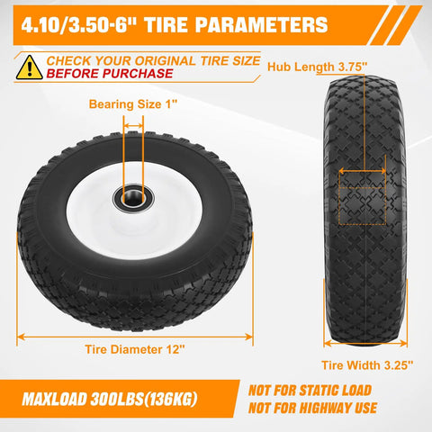 Flat Free 4.10/3.50-6 Replacement 12 Inch Wheel With 1 In. Axle Bore For Wheelbarrows Gorilla Carts Hand Trucks Dimensions