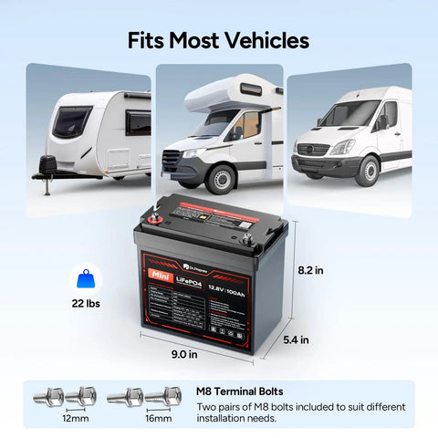 Compact 12V 100Ah LiFePO4 Battery That Fits In Tight Spots With 1280Wh Deep Cycle Power for RV Trolling Motor Marine