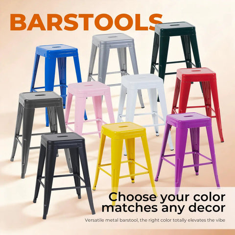 Moonlight Silver Metal Bar Stools Pair visible in an array of colorful bar stool options for loft and workshop settings
