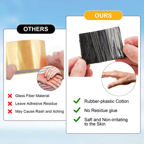 Comparison between glass fiber tape and rubber-cotton Pipe Insulation Wrap 2 Inch Wide 33 Feet Self Adhesive Foam Tape With Aluminum Foil Shield For Outdoor Winter Cold And Hot Water Pipes Keeps Pipes From Freezing And Heat Loss In One Easy Install, showing residue and skin-safe features.