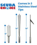 Three stainless steel spear tips for 5 Foot Two-Piece Fiberglass Travel Pole Spear With 3 Tip Set Paralyzer Single Barb And Lionfish Tip