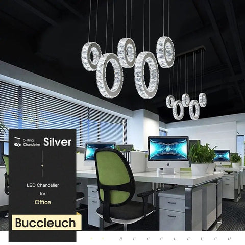 Office setup with Five Ring Crystal Chandelier Pendant Light With Height Adjustable Stainless Steel Frame Dope K9 Crystals