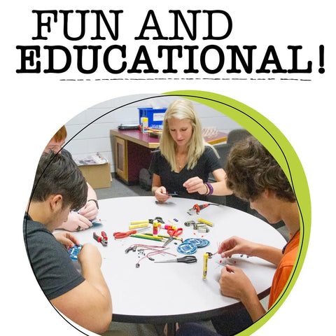 Blinky Robot Soldering Kit For Beginners And Students Cool Hands-On Classroom Bundle With 30 STEM Electronics Projects Learn Soldering And Build Circuits LEDs Transistors Capacitors Resistors Ages 13 And Up classroom scene with students assembling circuit boards