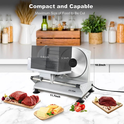 No Sweat Heavy Duty Electric Meat Slicer With Razor Sharp Six Point Seven Inch Stainless Steel Blade And Quick Thickness Adjustments For Juicy Deli Meats Cheeses And Fresh Produce At Home