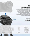 Close-up of Beginner Friendly Mini Desk Tripod with camera compatibility details, showing 1/4" screw for various devices.