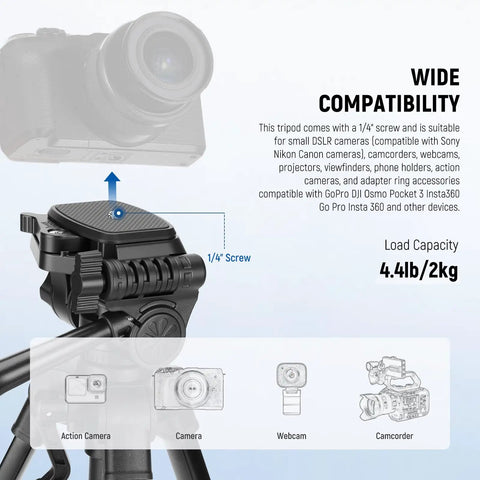 Close-up of Beginner Friendly Mini Desk Tripod with camera compatibility details, showing 1/4" screw for various devices.