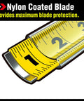 Self Locking 25 Foot Power Tape Measure With Nylon Coated Blade, Impact Resistant ABS Case, Stud Markings, Easy Push Button