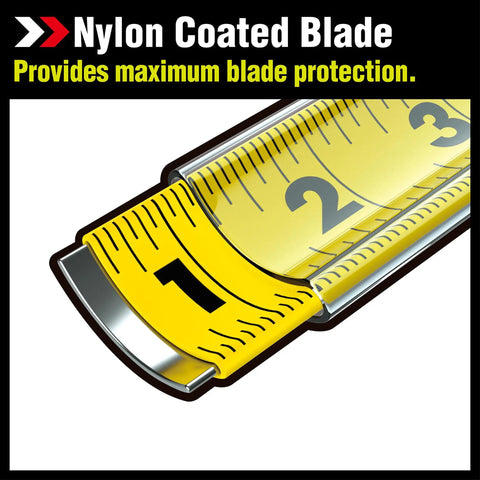 Self Locking 25 Foot Power Tape Measure With Nylon Coated Blade, Impact Resistant ABS Case, Stud Markings, Easy Push Button