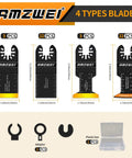AMZWEI titanium oscillating tool blades set, 50 pcs, 4 blade types, with 3 adapters and 1 plastic box