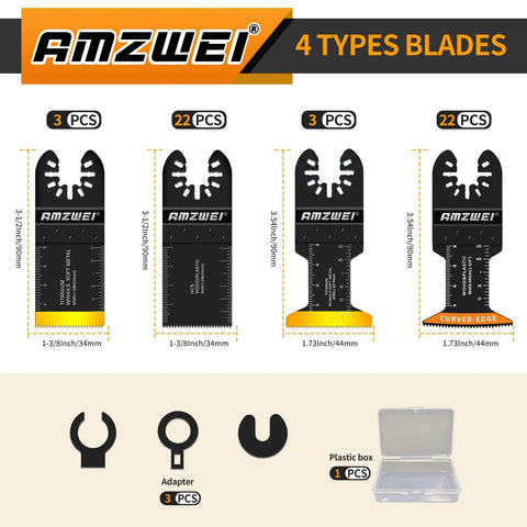 AMZWEI titanium oscillating tool blades set, 50 pcs, 4 blade types, with 3 adapters and 1 plastic box