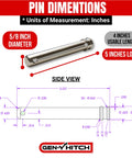 Heavy Duty 5/8 Inch Hitch Pin With Self Locking Twist Clip, 4 Inch Usable Length, Stainless Steel, dimensions diagram