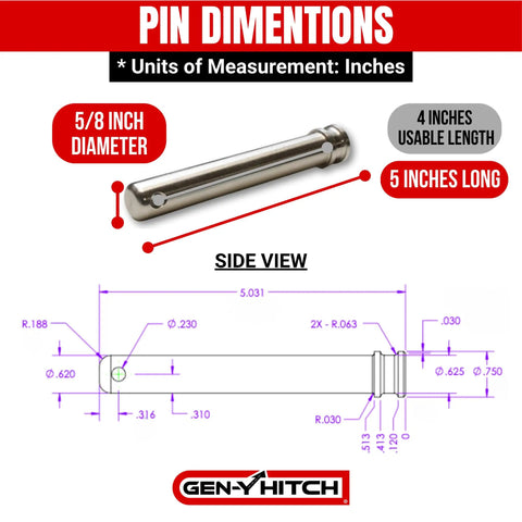 Heavy Duty 5/8 Inch Hitch Pin With Self Locking Twist Clip, 4 Inch Usable Length, Stainless Steel, dimensions diagram