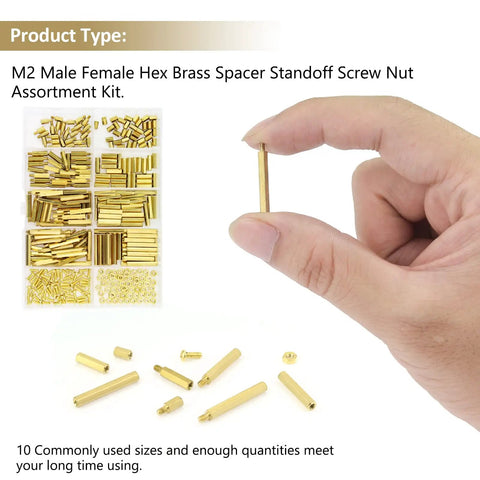 Hand holding brass standoff from All In One Pro Grade M2 Brass Standoffs Kit 320 Pc Set with hex spacers, screws, nuts.