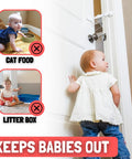Hassle Free Adjustable Door Latch To Keep The Kiddos Locked Out Of Cat Zones in use, blocking door to pet food and litter box.