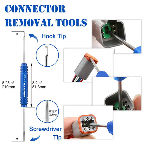 Deutsch Connector Terminal Removal Tool Set For DT DTM DTP DTHD HD Series Depinning Kit shown with hook tip and connector use.